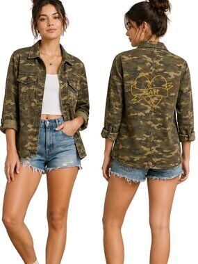 American Eagle Camo Shacket Jacket Embroidered Back Utility Canvas XS NAH